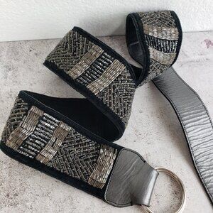 Vintage Beaded Leather Belt L/XL Metallic Bohemian Sequins Evening Festival